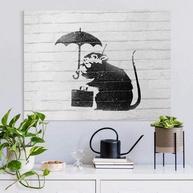 Stampe su tela bianco e nero Banksy - Ratto con ombrello
