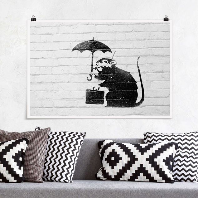 Poster bianco e nero formato orizzontale Ratte mit Regenschirm - Brandalised ft. Graffiti by Banksy