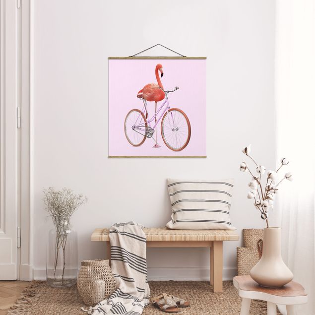Foto su tessuto da parete con bastone - Flamingo con la bicicletta - Quadrato 1:1