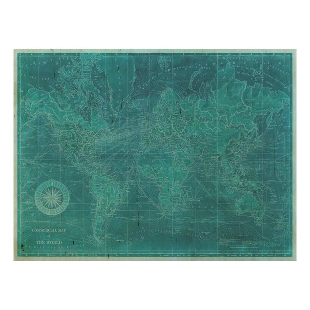 Stampa su legno - Vintage Mappa del mondo Azure - Orizzontale 3:4