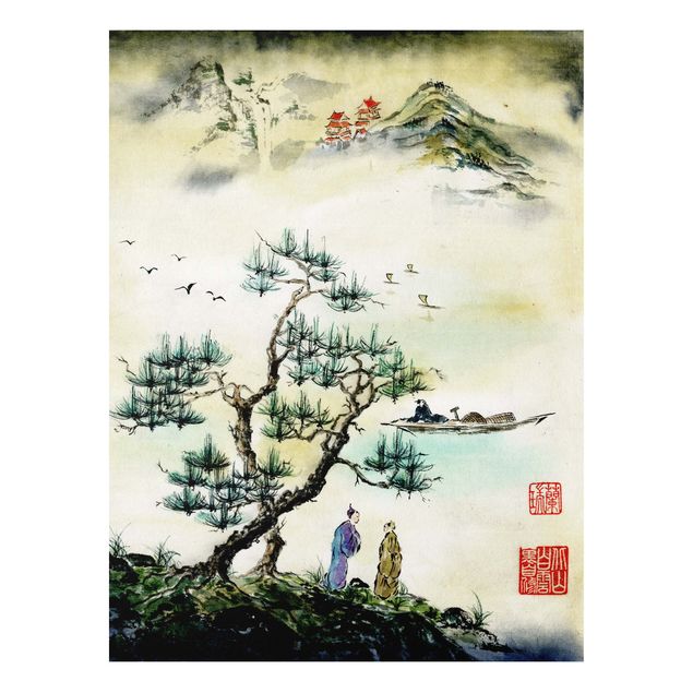 Stampa su Forex - Giapponese disegno ad acquerello di pino e Mountain Village - Verticale 4:3