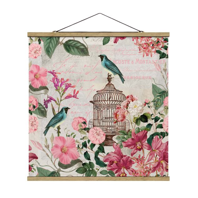Quadro su tessuto con stecche per poster - Shabby Chic Collage - Fiori rosa e Bluebirds - Quadrato 1:1