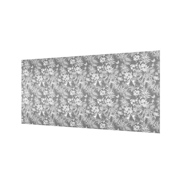 Paraschizzi in vetro - Fiori tropicali su sfondo grigio - Formato orizzontale 2:1