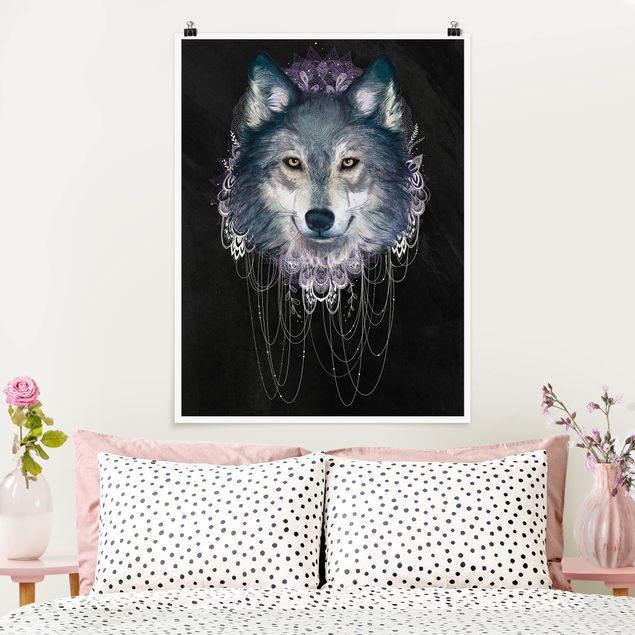 Poster - Illustrazione del lupo Boho Dreamcatcher nero - Verticale 4:3
