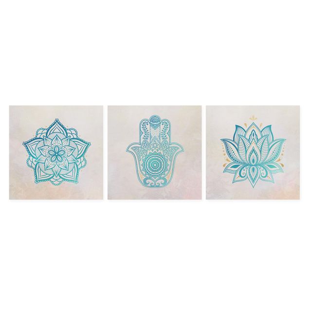 Stampa su tela - Mandala Hamsa mano Lotus Set oro blu - Quadrato 1:1