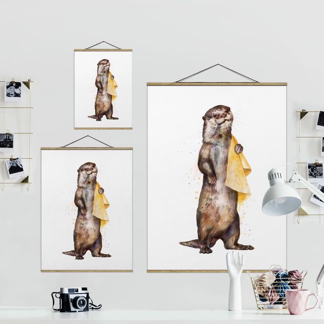 Foto su tessuto da parete con bastone - Laura Graves - Illustrazione Lontra con il tovagliolo bianco Pittura - Verticale 4:3