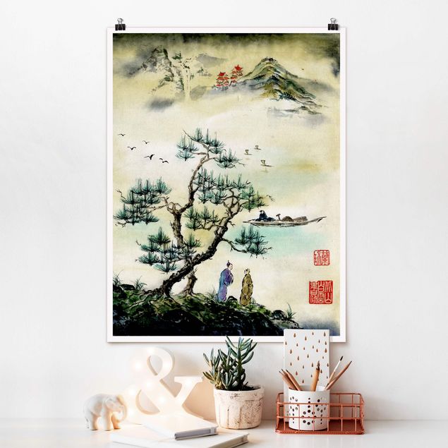 Poster vintage Disegno acquerello giapponese pino e villaggio di montagna