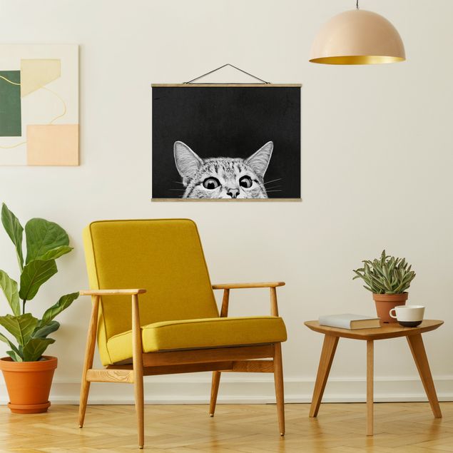 Foto su tessuto da parete con bastone - Laura Graves - Illustrazione Gatto Bianco e nero Disegno - Orizzontale 3:4