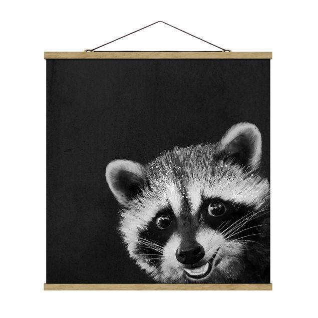 Quadro su tessuto con stecche per poster - Laura Graves - Illustrazione Raccoon Monochrome Pittura - Quadrato 1:1