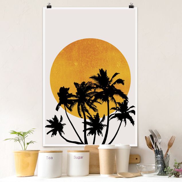 Poster illustrazioni Palme di fronte al sole dorato