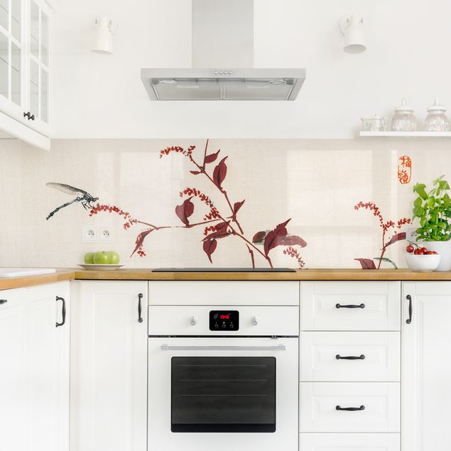 Rivestimenti cucina di plastica Disegno vintage asiatico ramo rosso con libellula