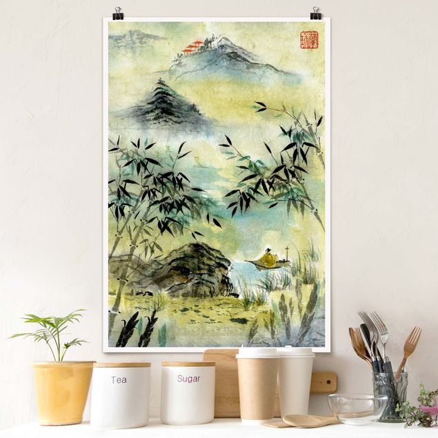 poster da parete vintage Disegno acquerello giapponese Foresta di bambù