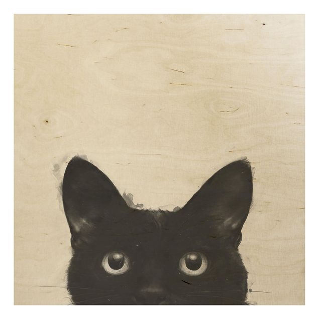 Stampa su legno - Illustrazione pittura Gatto nero su bianco - Quadrato 1:1