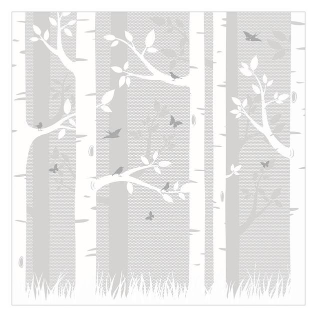 Carta da parati - Betulle con farfalle e uccellini in grigio