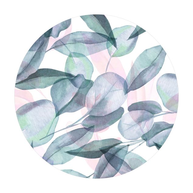 Tappeto in vinile rotondo - Foglie di eucalipto in acquerello blu e rosate