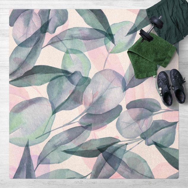 Tappeti moderni Acquerello di foglie di eucalipto blu e rosa