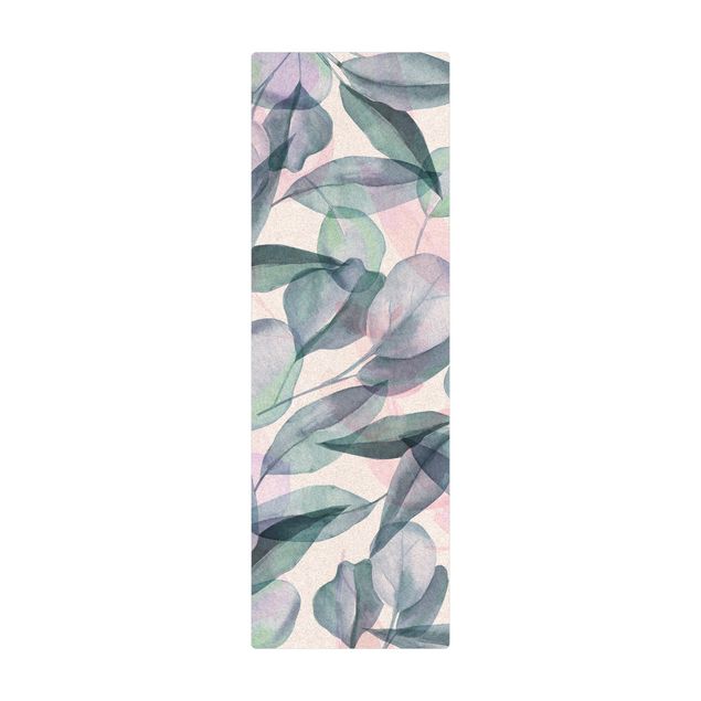 Tappetino di sughero - Foglie di eucalipto in acquerello blu e rosate - Formato verticale 1:2
