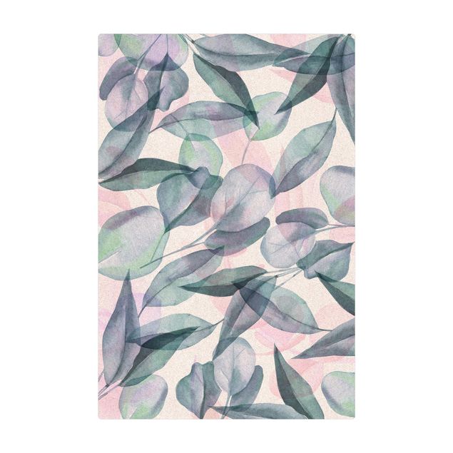 Tappetino di sughero - Foglie di eucalipto in acquerello blu e rosate - Formato verticale 2:3