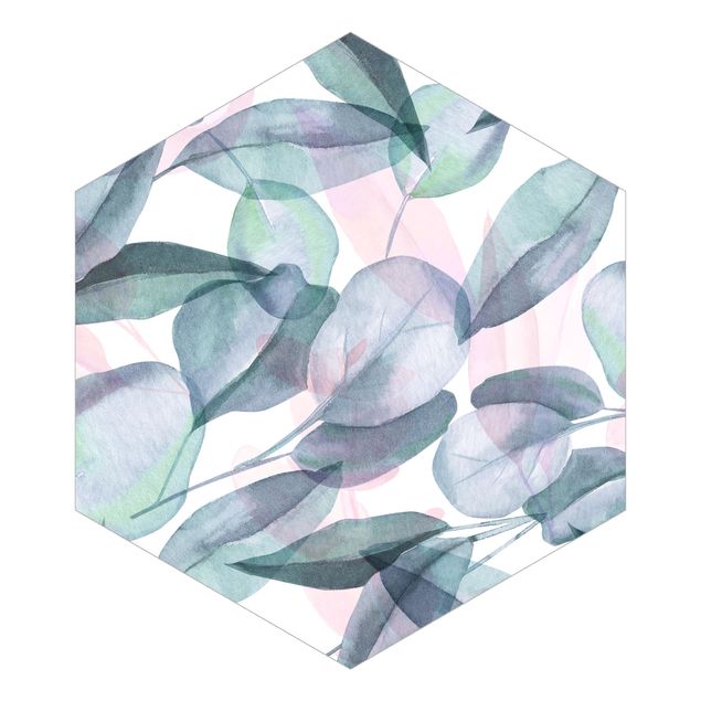 Carta da parati esagonale adesiva con disegni - Foglie di eucalipto in acquerello blu e rosate