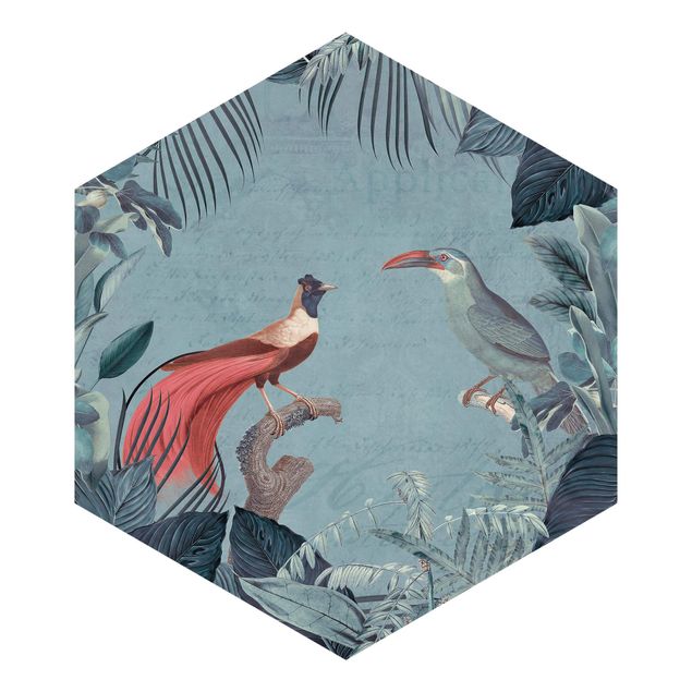 Carta da parati esagonale adesiva con disegni - Paradiso grigio e blu con uccelli tropicali