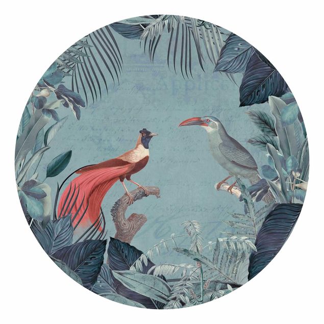 Carta da parati rotonda autoadesiva - Paradiso blu grigio con uccelli tropicali