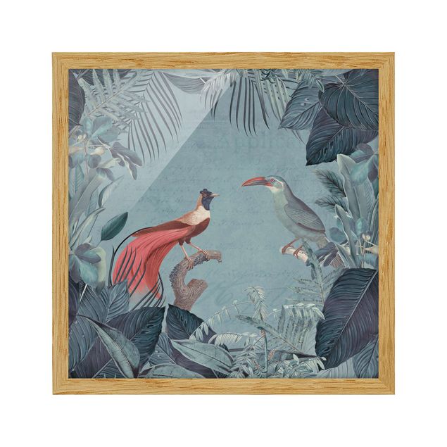 Poster con cornice - Paradiso grigio e blu con uccelli tropicali