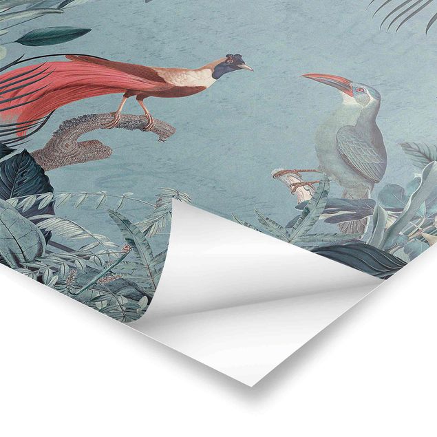 Poster - Paradiso grigio e blu con uccelli tropicali