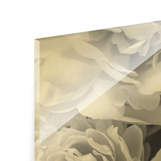 Quadro in vetro - Peonie in fiore bianco e nero - Formato verticale