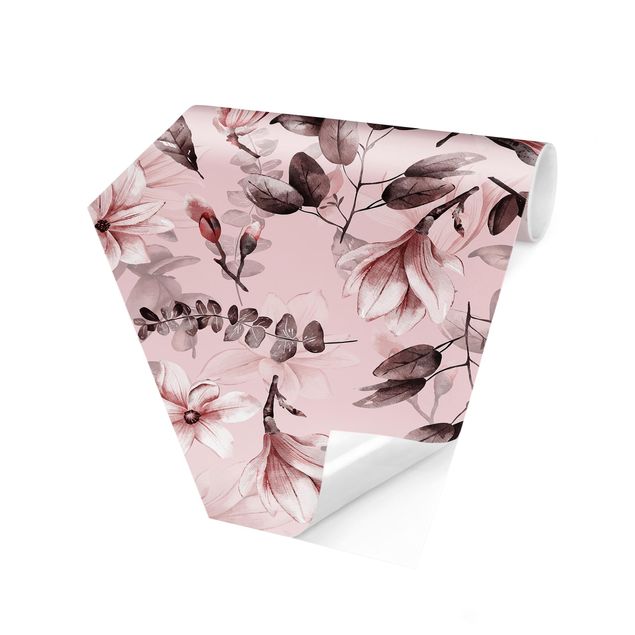 Carta da parati esagonale adesiva con disegni - Fiori con foglie grige su sfondo rosa