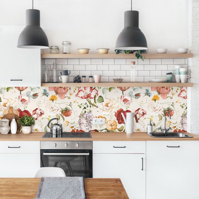 Rivestimenti cucina di plastica Fiori acquerello su sfondo beige
