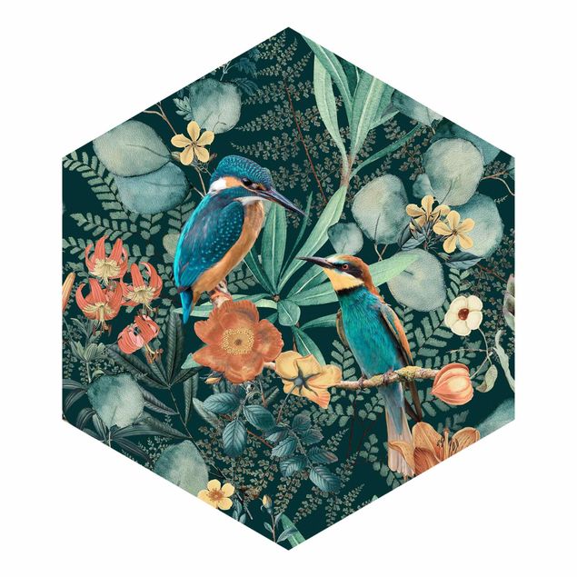 Carta da parati esagonale adesiva con disegni - Paradiso floreale con colibrì e martin pescatore