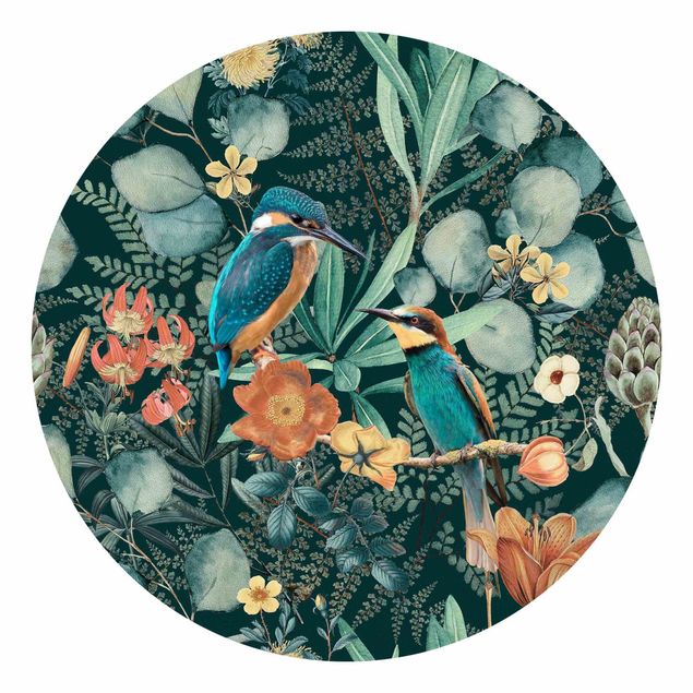 Carta da parati rotonda autoadesiva - Floral Kingfisher paradiso e Hummingbird