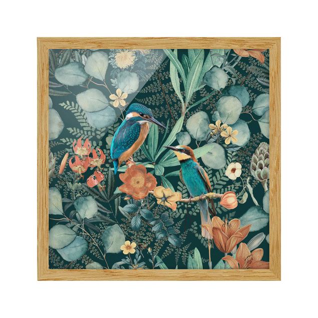 Poster con cornice - Paradiso floreale con colibrì e martin pescatore