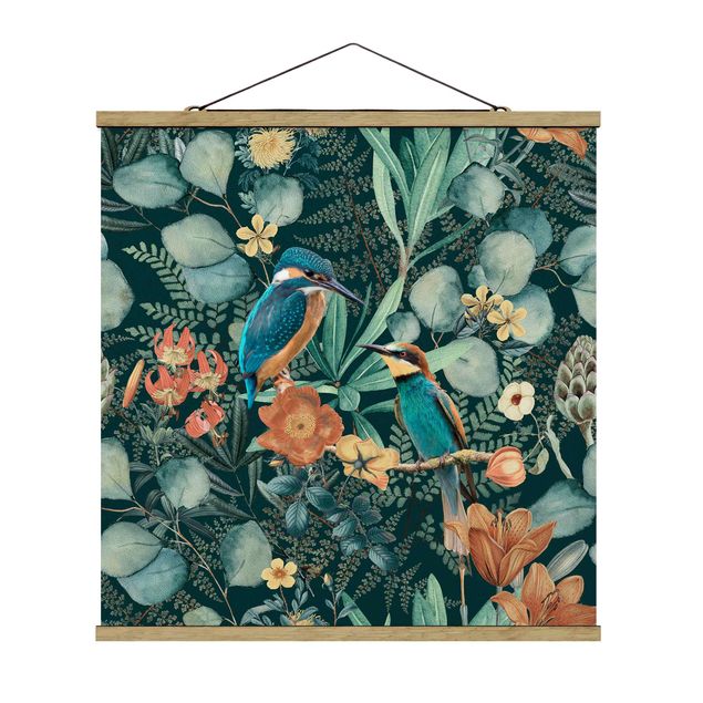 Foto su tessuto da parete con bastone - Paradiso floreale con colibrì e martin pescatore - Quadrato 1:1