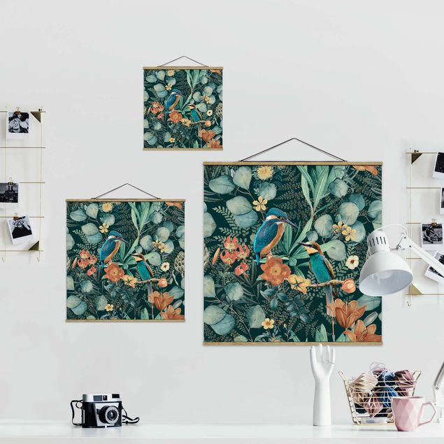 Foto su tessuto da parete con bastone - Paradiso floreale con colibrì e martin pescatore - Quadrato 1:1