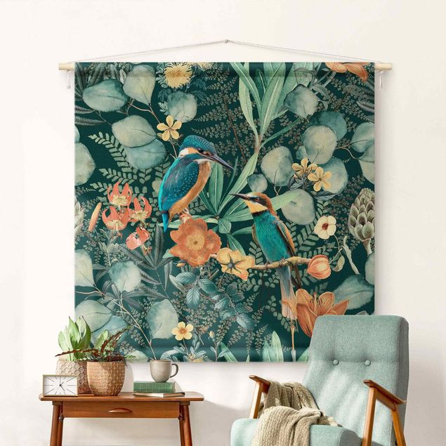 Arazzi da parete moderno Paradiso floreale con colibrì e martin pescatore