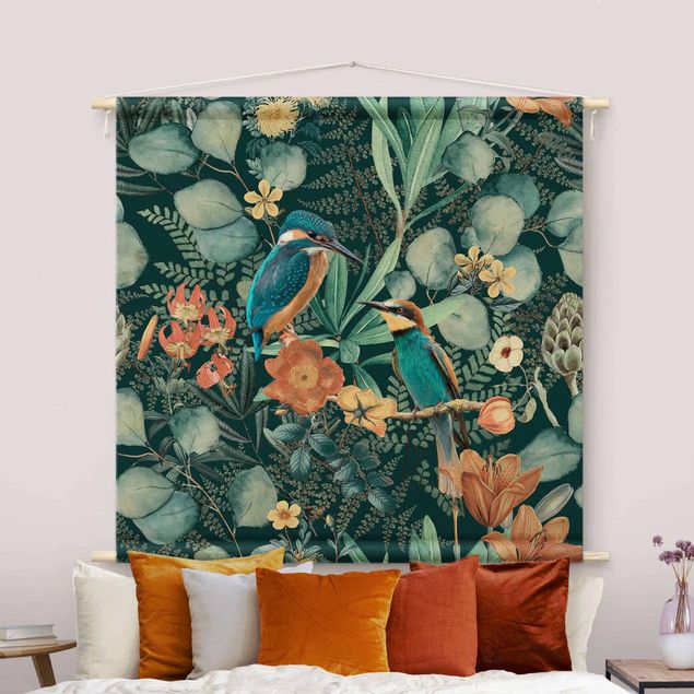 Arazzi da parete xxl Paradiso floreale con colibrì e martin pescatore