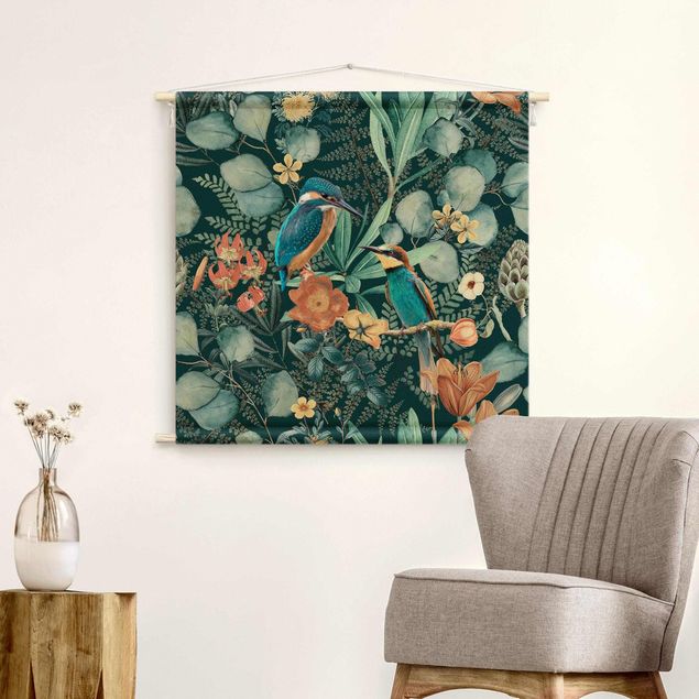 quadri con animali Paradiso floreale con colibrì e martin pescatore