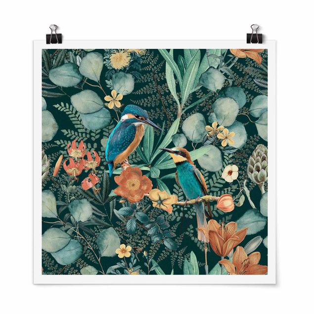 Poster - Paradiso floreale con colibrì e martin pescatore