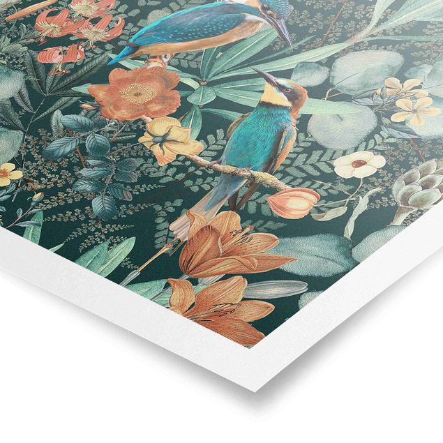 Poster - Paradiso floreale con colibrì e martin pescatore