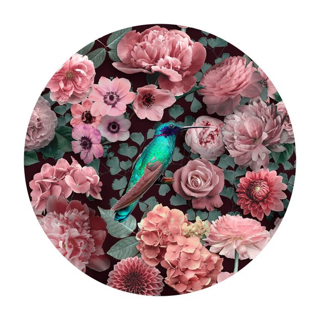 Tappeto in vinile rotondo - Paradiso floreale con colibrì e rose