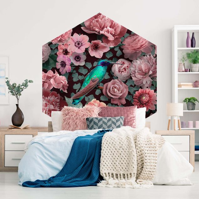Carta da parati esagonale adesiva con disegni - Paradiso floreale con colibrì e rose