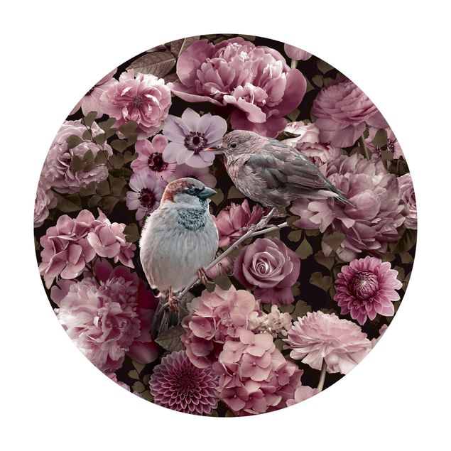 Tappeto in vinile rotondo - Paradiso floreale con passerotti in rosa antico