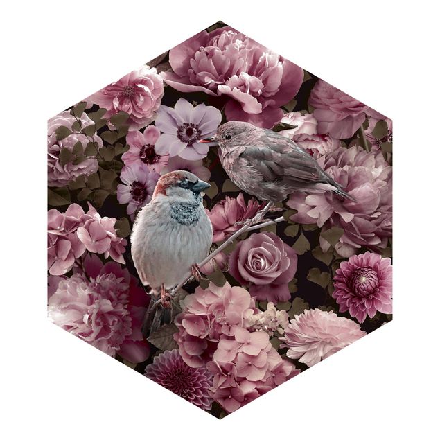 Carta da parati esagonale adesiva con disegni - Paradiso floreale con passerotti in rosa antico