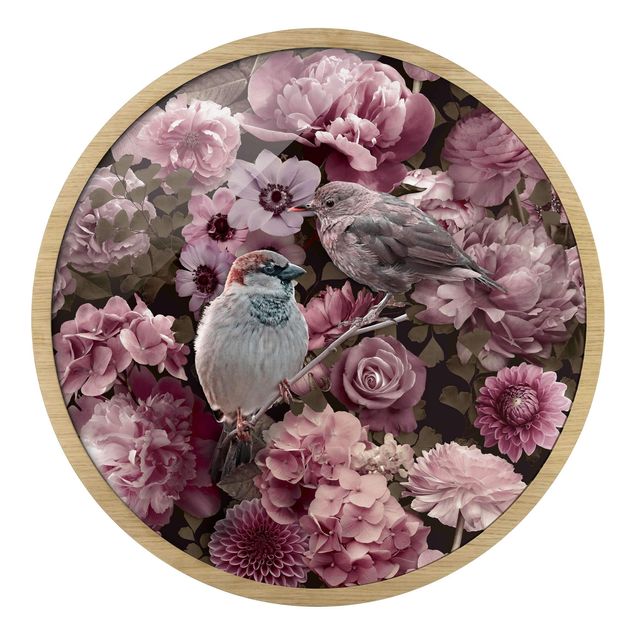 Quadro rotondo incorniciato - Paradiso floreale con passerotti in rosa antico
