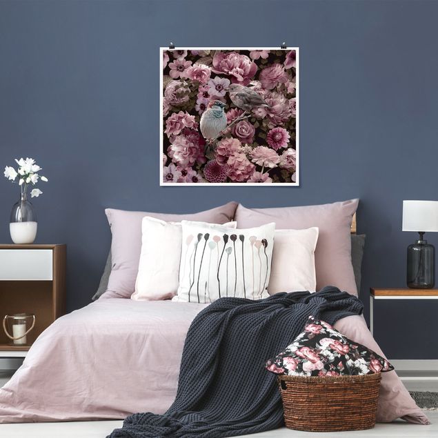 Poster - Paradiso floreale con passerotti in rosa antico