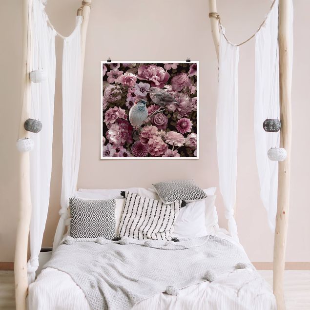 Poster - Paradiso floreale con passerotti in rosa antico