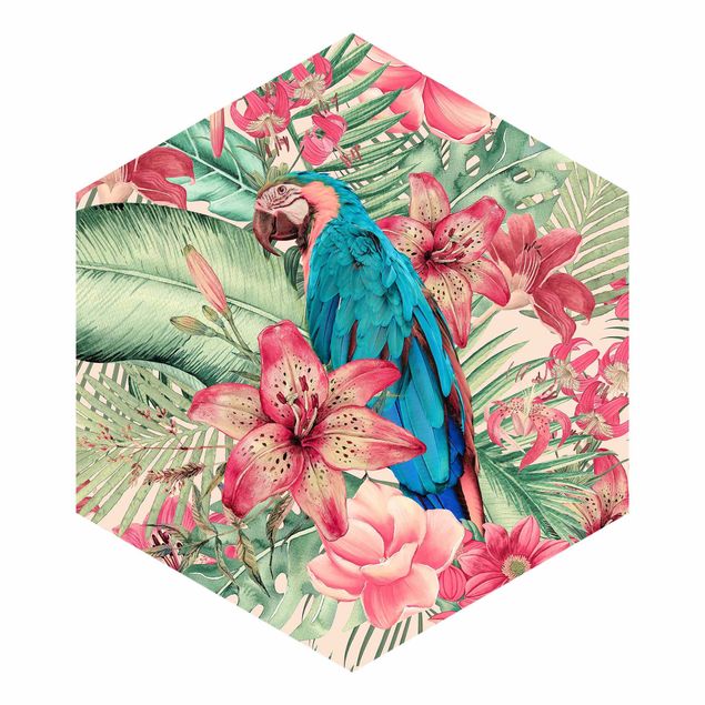 Carta da parati esagonale adesiva con disegni - Paradiso floreale con pappagallo tropicale