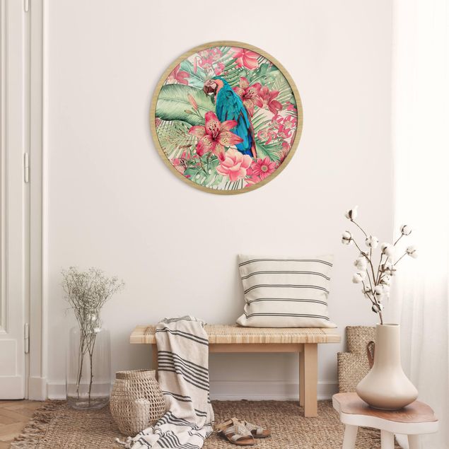 Poster con cornice rotonda Paradiso floreale pappagallo tropicale