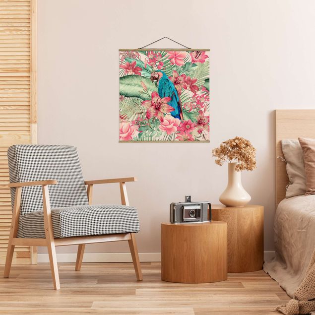 Foto su tessuto da parete con bastone - Paradiso floreale con pappagallo tropicale - Quadrato 1:1